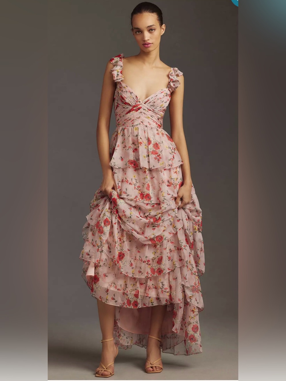 Mac Duggal 55816 Womens Pink Ruffled Sleeveless Draped Tiered Floral Print Gown